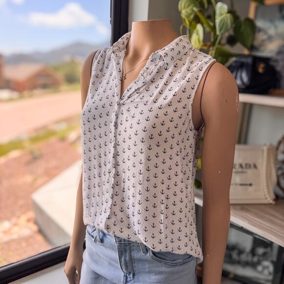 Coliseum Collection-Collared Sleeveless Buttoned Navy Anchor Top-Women’s Medium - Picture 8 of 10